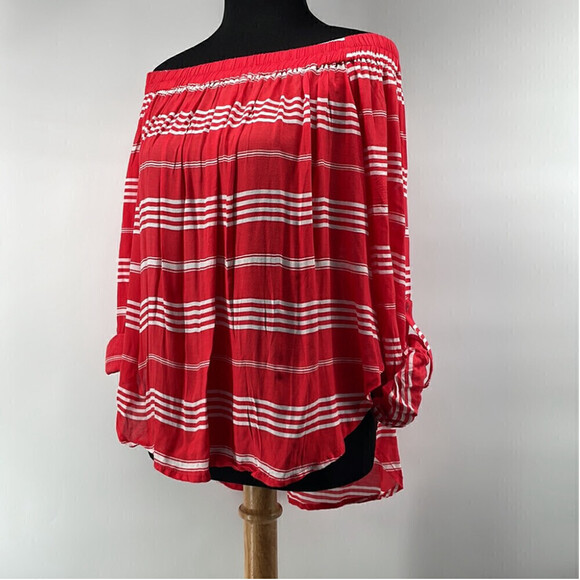 Revolve faithful the brand off the shoulder striped shirt roll up sleeve sz lg - Picture 9 of 14